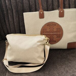 Tory Burch Cream Canvas Tote and Crossbody with Brown Leather Logo